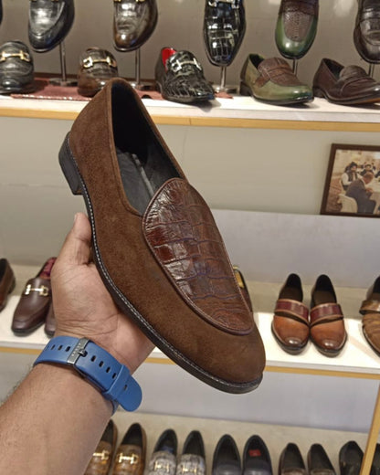 Mud Brown Suede and Croco Leather Belgian Loafers