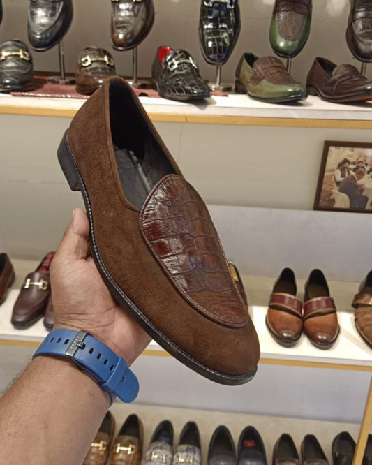 Mud Brown Suede and Croco Leather Belgian Loafers