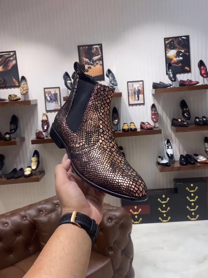 Exotic Snake Foil Leather Scaled Chelsea Boots