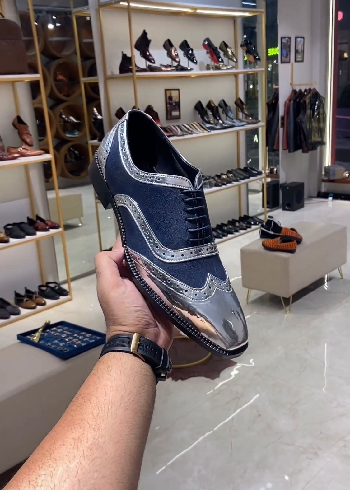 Metallic Silver & Blue Moroccan Leather Semi-brogue Oxfords