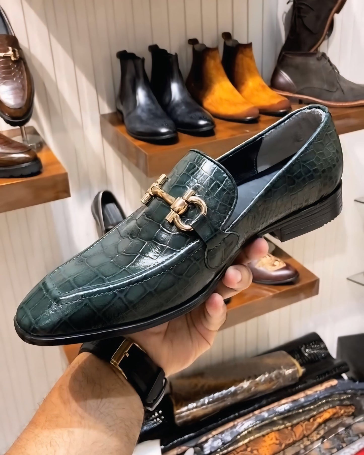 Dark Emerald Green Crocodile Scaled Moccasins