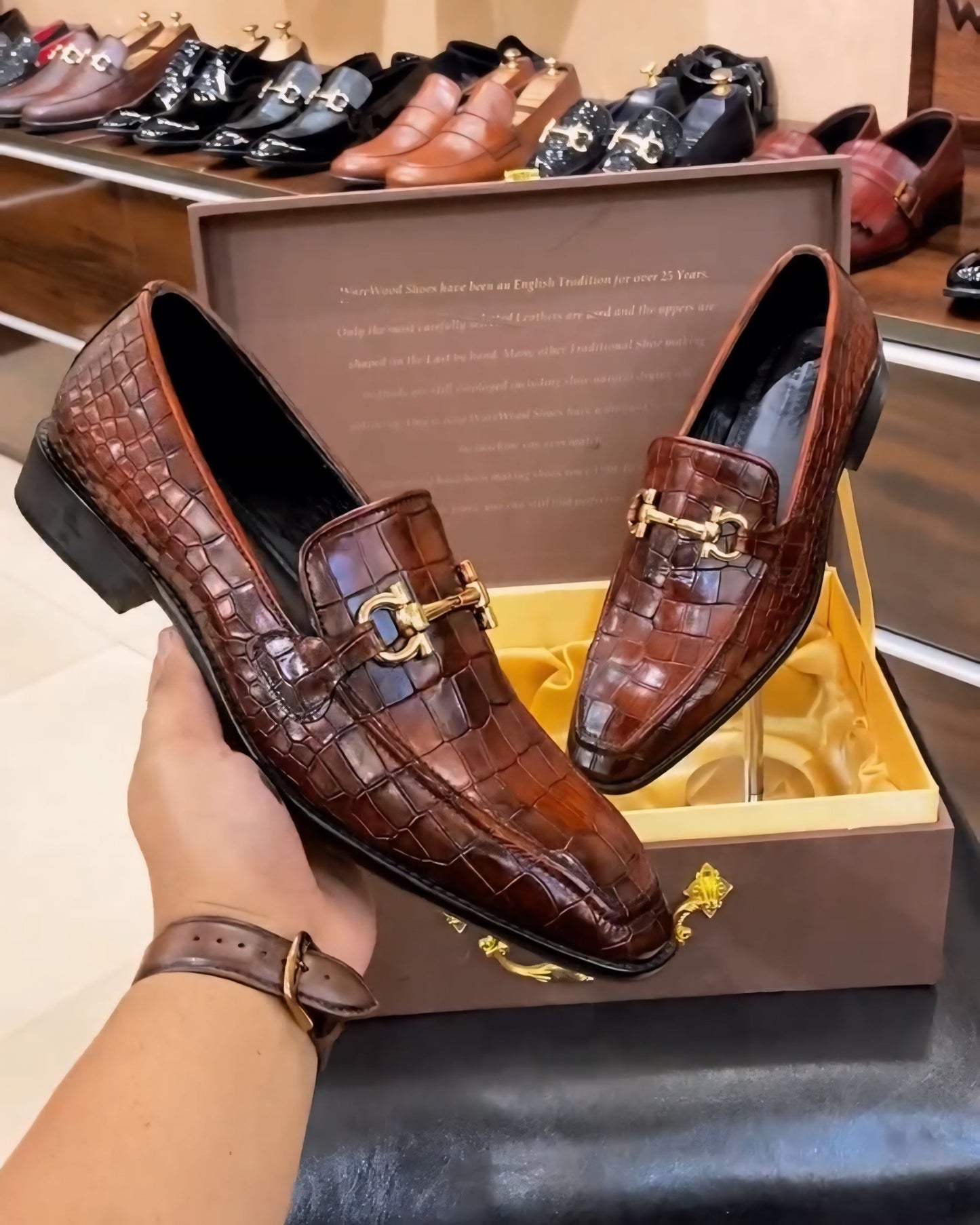 Dark Tan Crocodile Scaled Leather Loafers