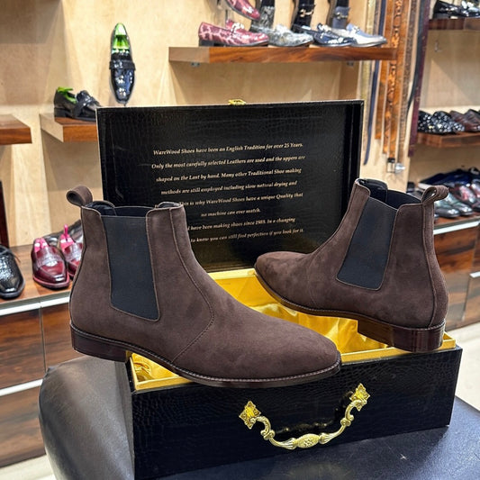 Pure Italian Brown Suede Chelsea Boots with Brown Wood Sole