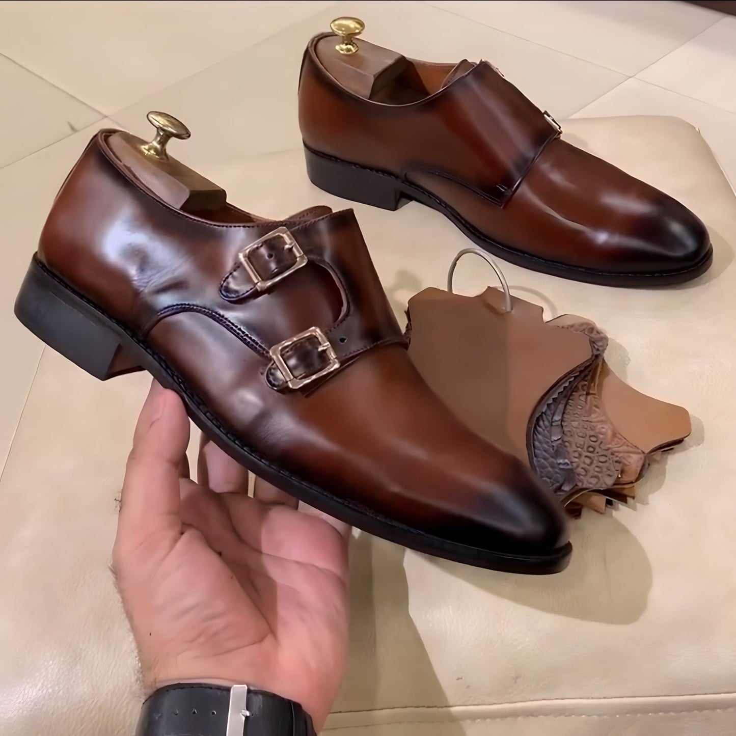 Hand-painted Patina Double Monks In Pure Italian Crust Leather