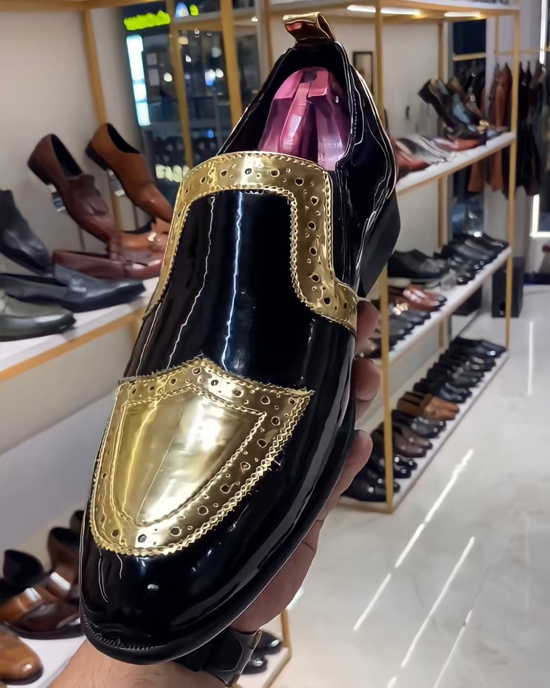 Gold Metallic Wingtip Patent Leather Slip-on Oxfords