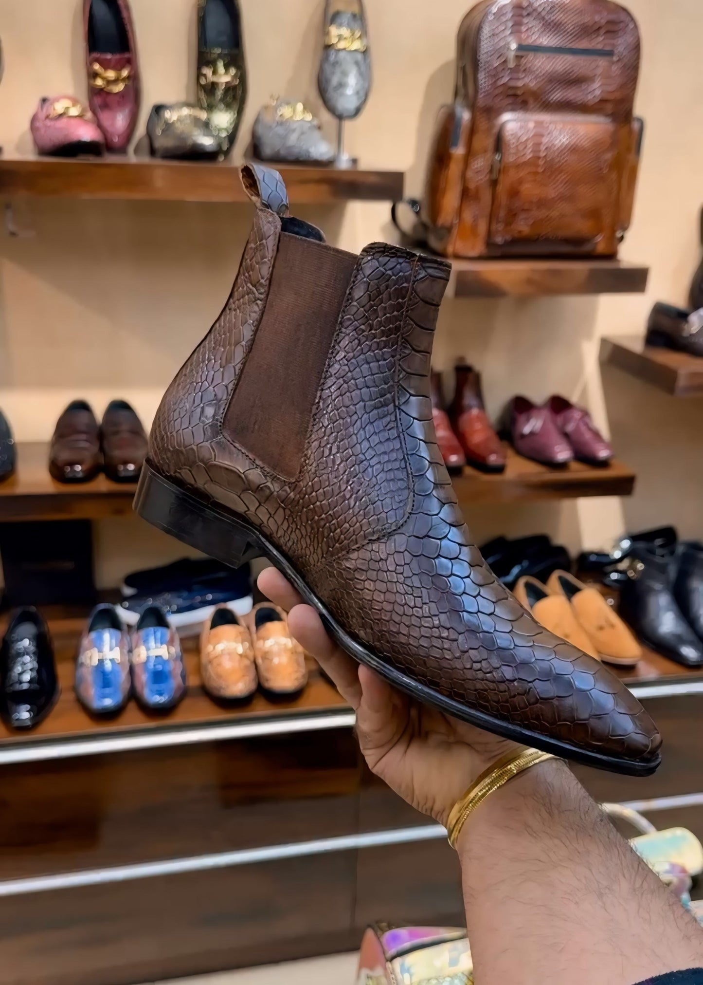 Walnut Brown Cobra Scaled Chelsea Boots