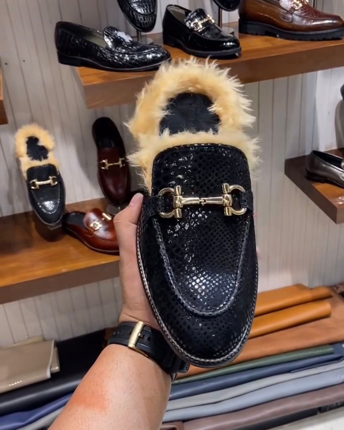 Signature Snake Foil Fur Mules