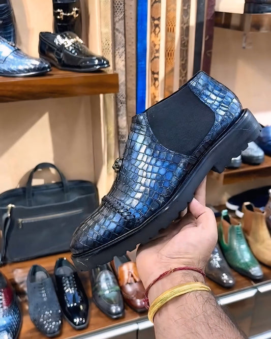 Midnight Blue Croco Lightweight Low-top Chelsea Boots