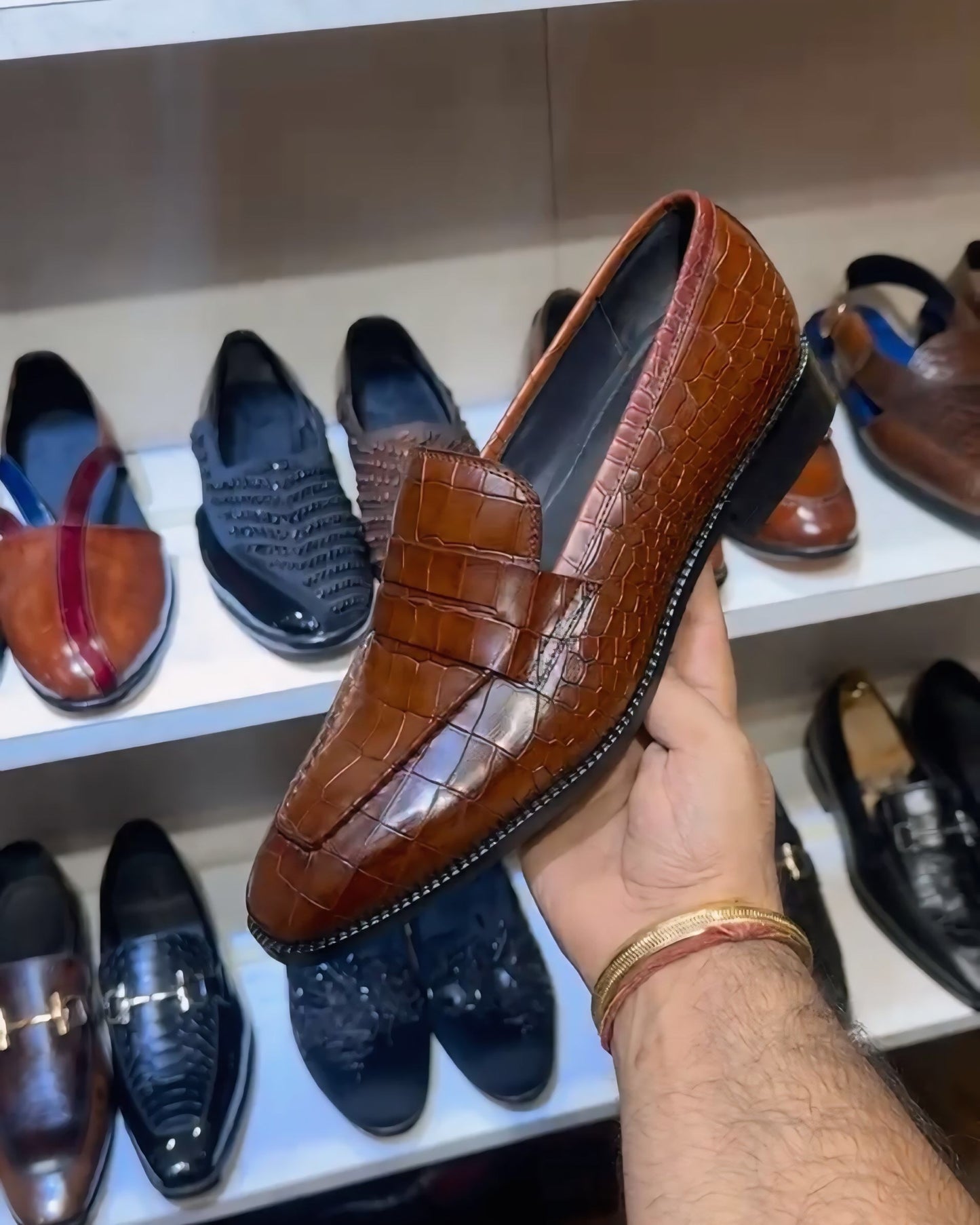 Tan Crocodile Scaled Penny Loafers on Italian Crust Leather