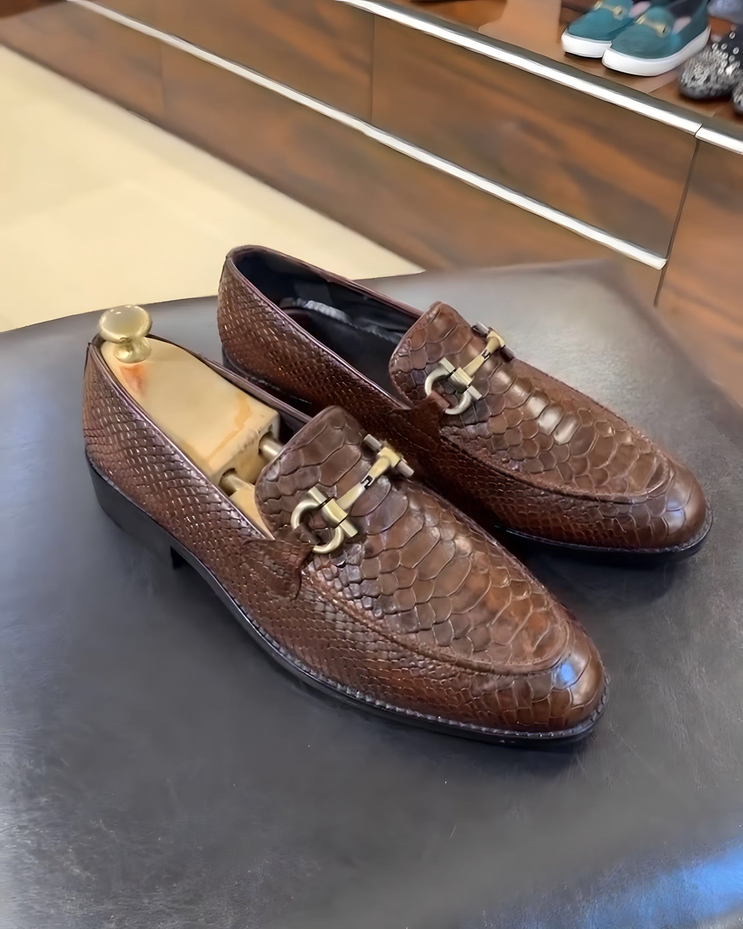 Walnut Brown Cobra Scaled Leather Moccasins