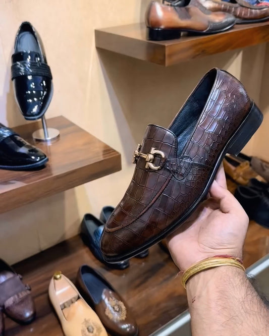 Patina Brown Crocodile Scaled Moccasins with Gold Buckle