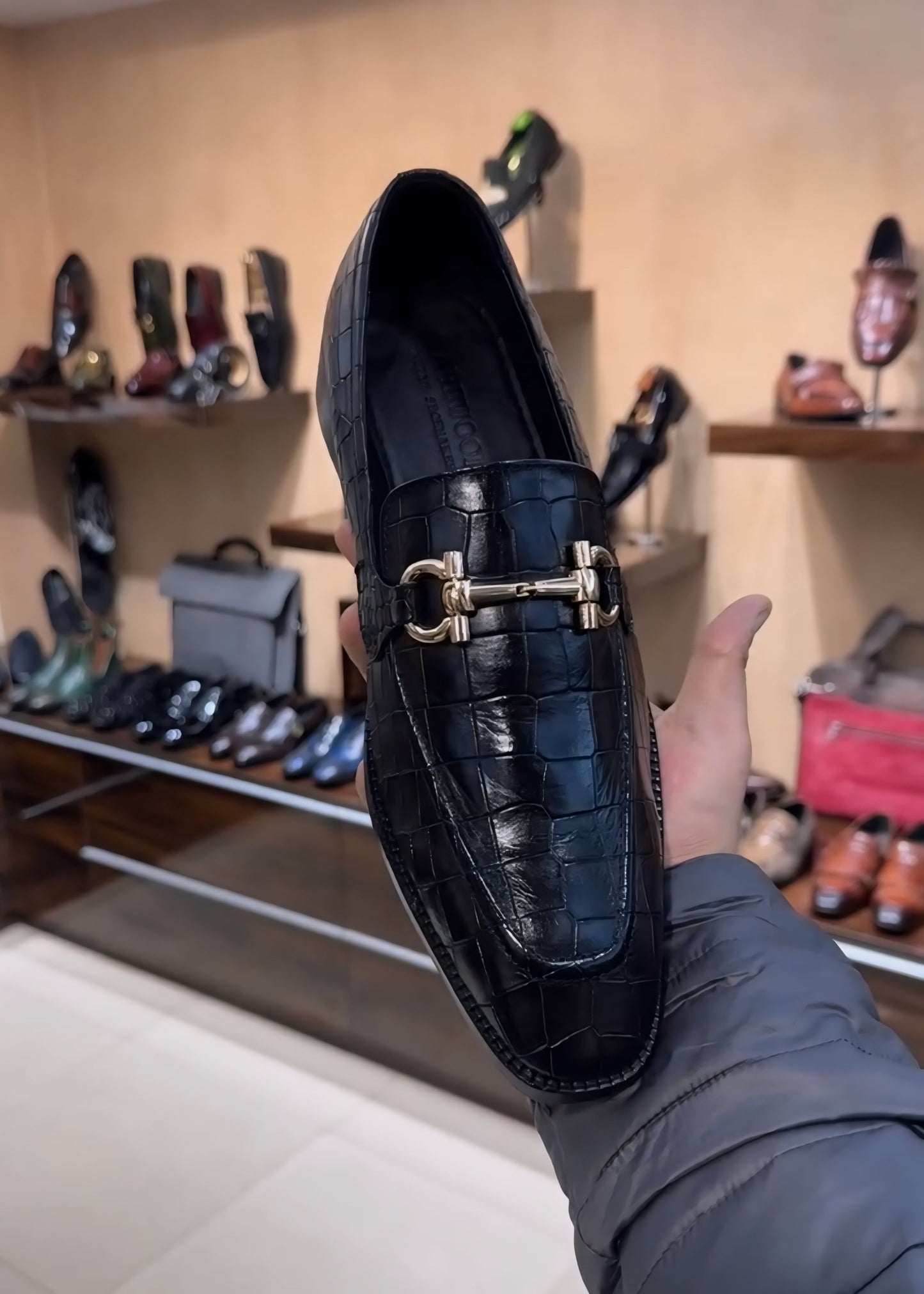 Charcoal Black Crocodile Scaled Loafers