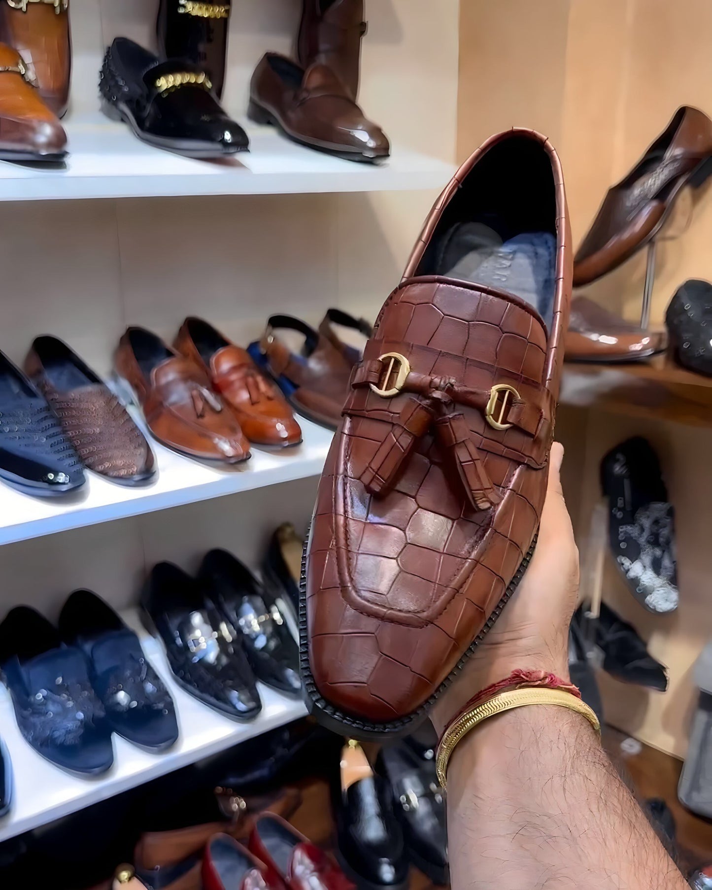 Burnished Dark Tan Crocodile Scaled Tassel Loafers