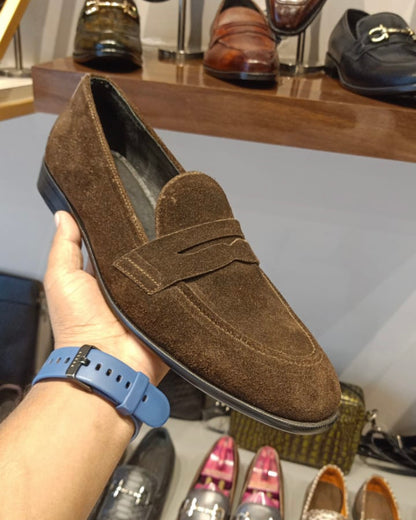 Mud Brown Suede Penny Loafers