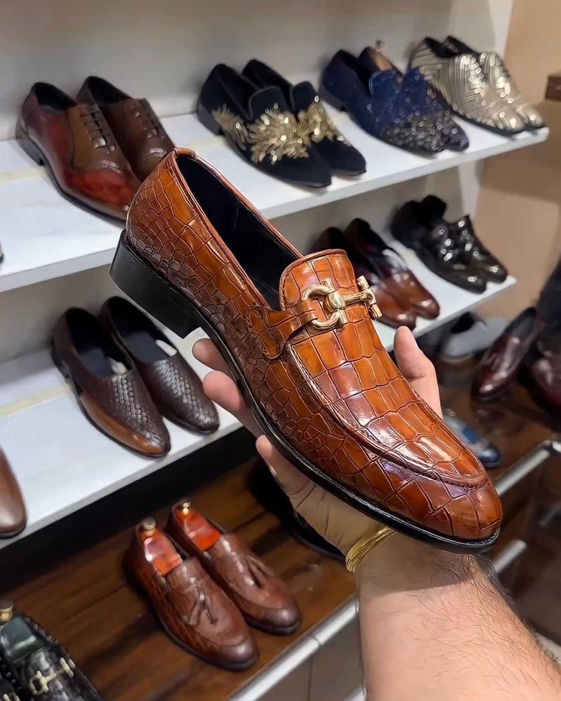 Tan Patina Croc Moccasins on Pure Italian Crust Leather