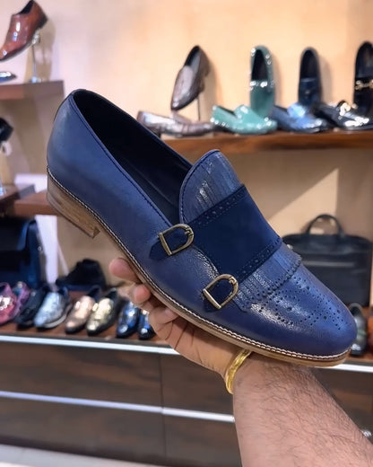 Blue Calf Leather Fringe Monk Strap Loafers with Wood Sole