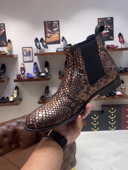 Exotic Snake Foil Leather Scaled Chelsea Boots