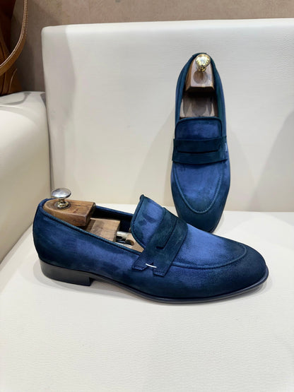 Pure Italian Blue Suede Penny Moccasins