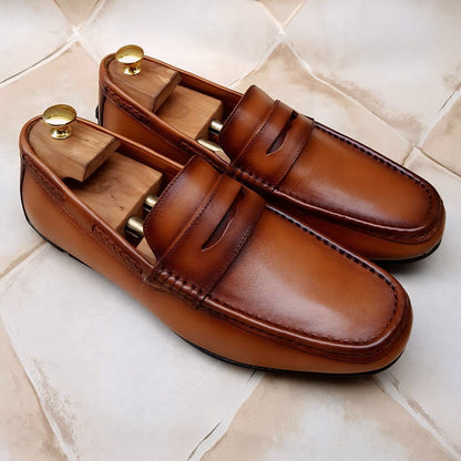 Natural Grain Italian Leather Driving Loafers