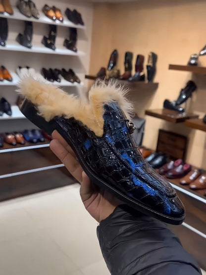 Black-blue Croco Patent Fur Mules