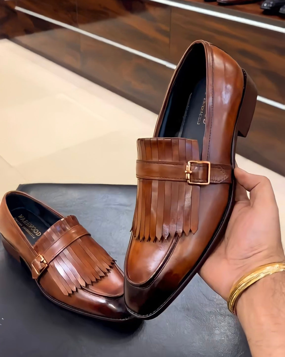 Tan Patina Fringe Moccasins on Italian Crust Leather