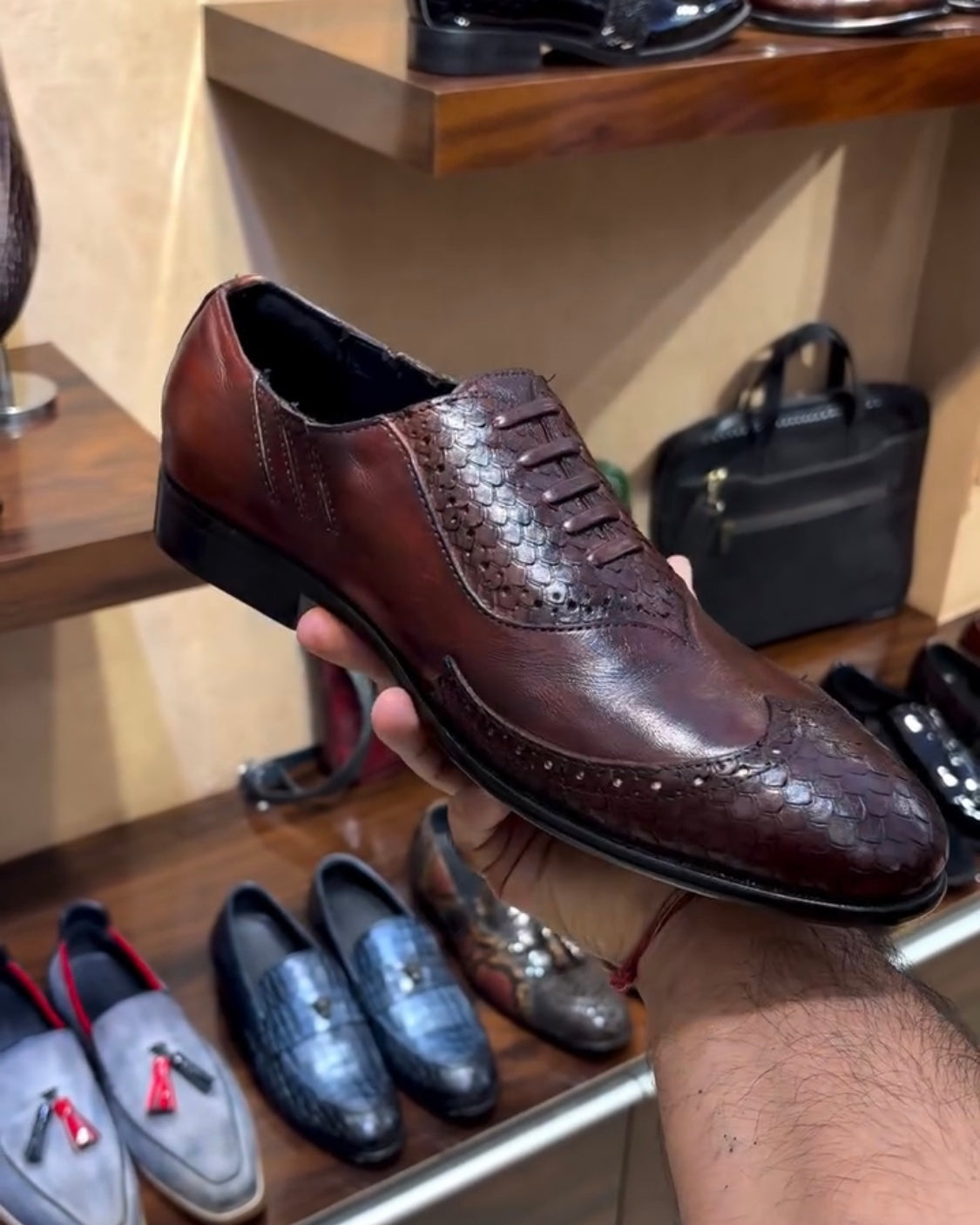 Cognac Cobra Scaled Semi-brogue Round Toe Oxfords