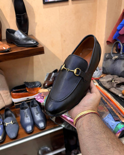 Black Calf Skin Leather Loafers with Beige Interior and Gold Buckle