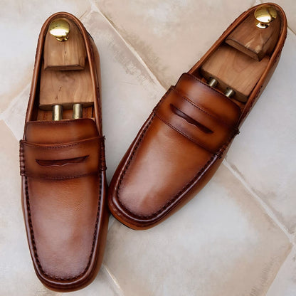 Natural Grain Italian Leather Driving Loafers