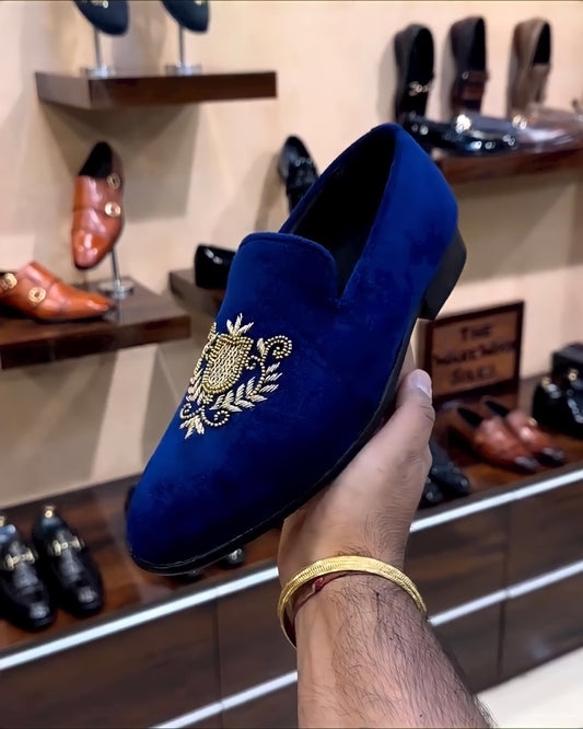 Blue Suede Embroidered Slip-ons