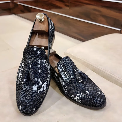 Exotic Charcoal Grey Python Scaled Tassel Loafers