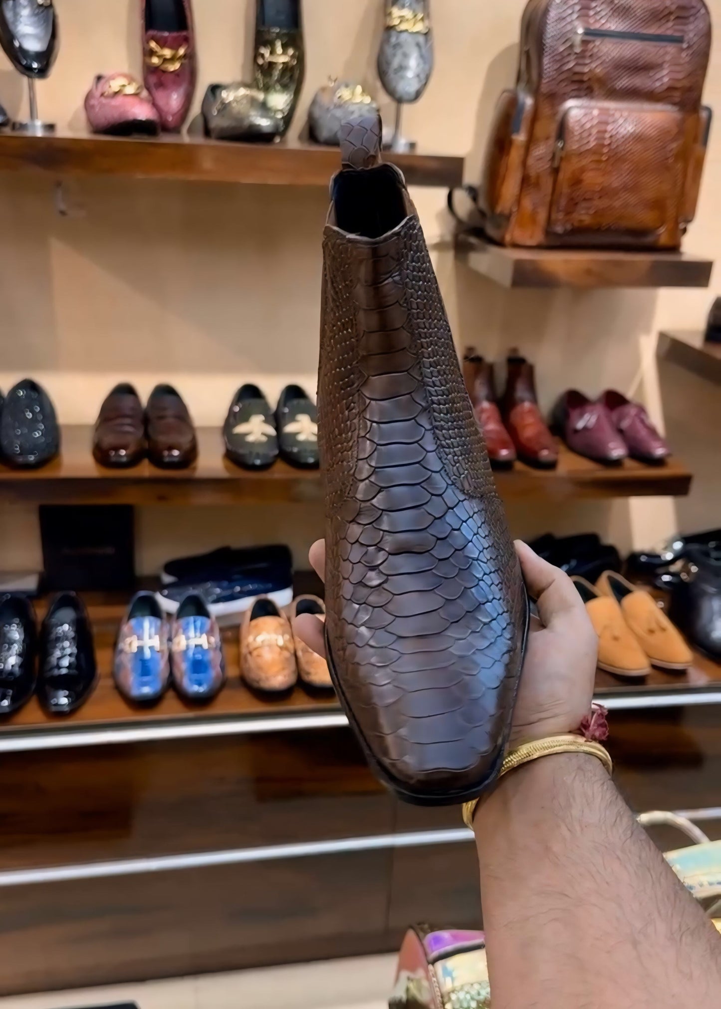 Walnut Brown Cobra Scaled Chelsea Boots