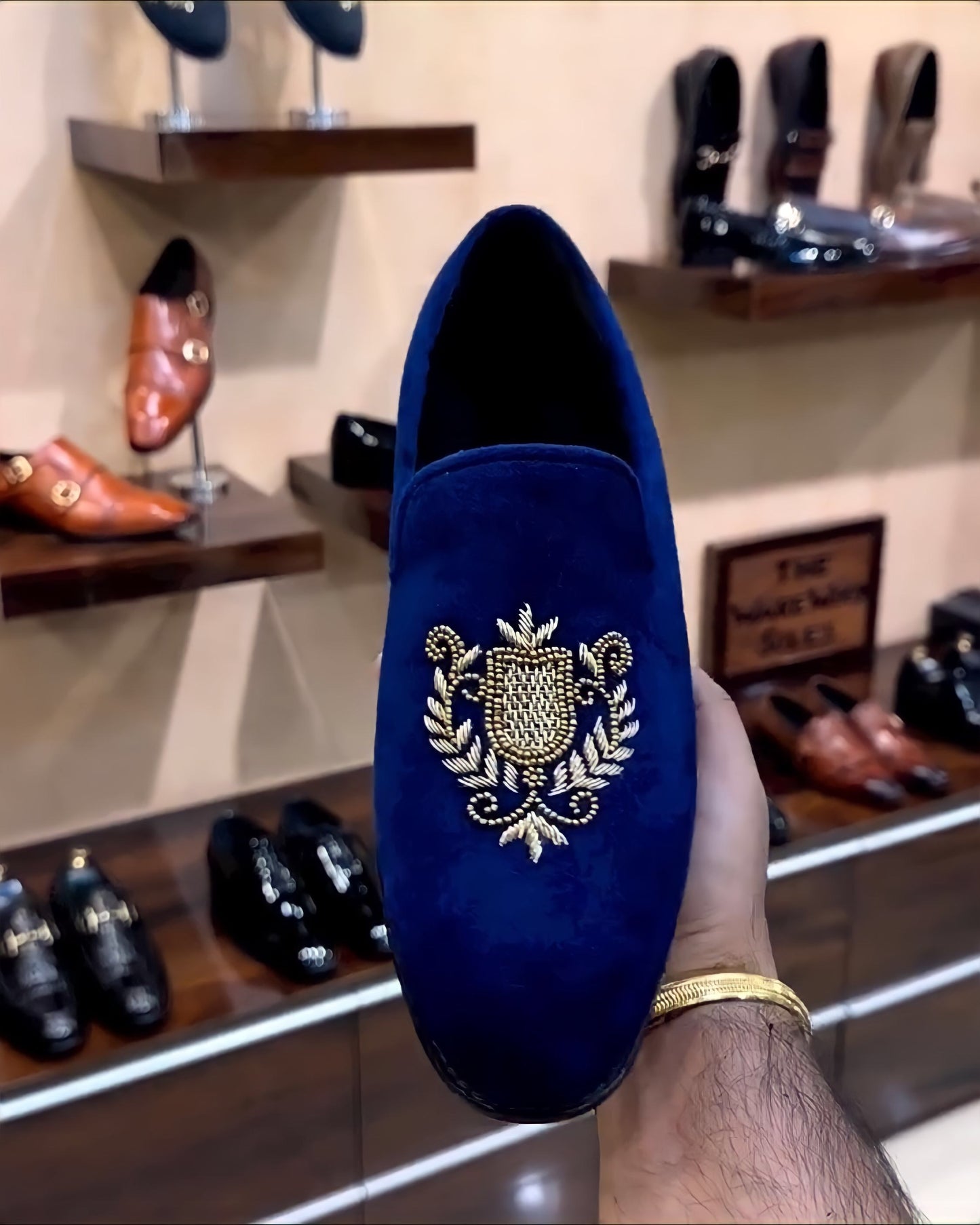 Blue Suede Embroidered Slip-ons