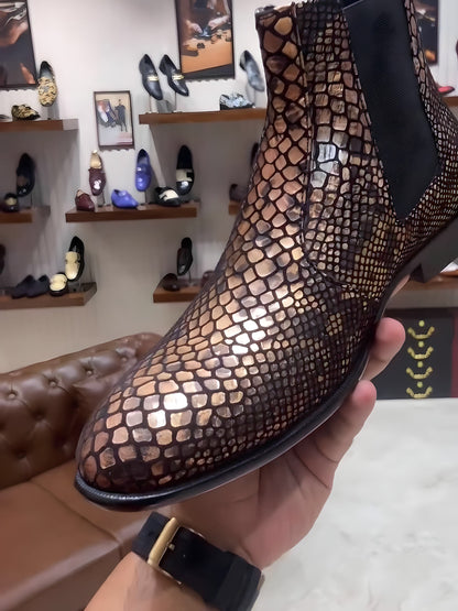 Exotic Snake Foil Leather Scaled Chelsea Boots