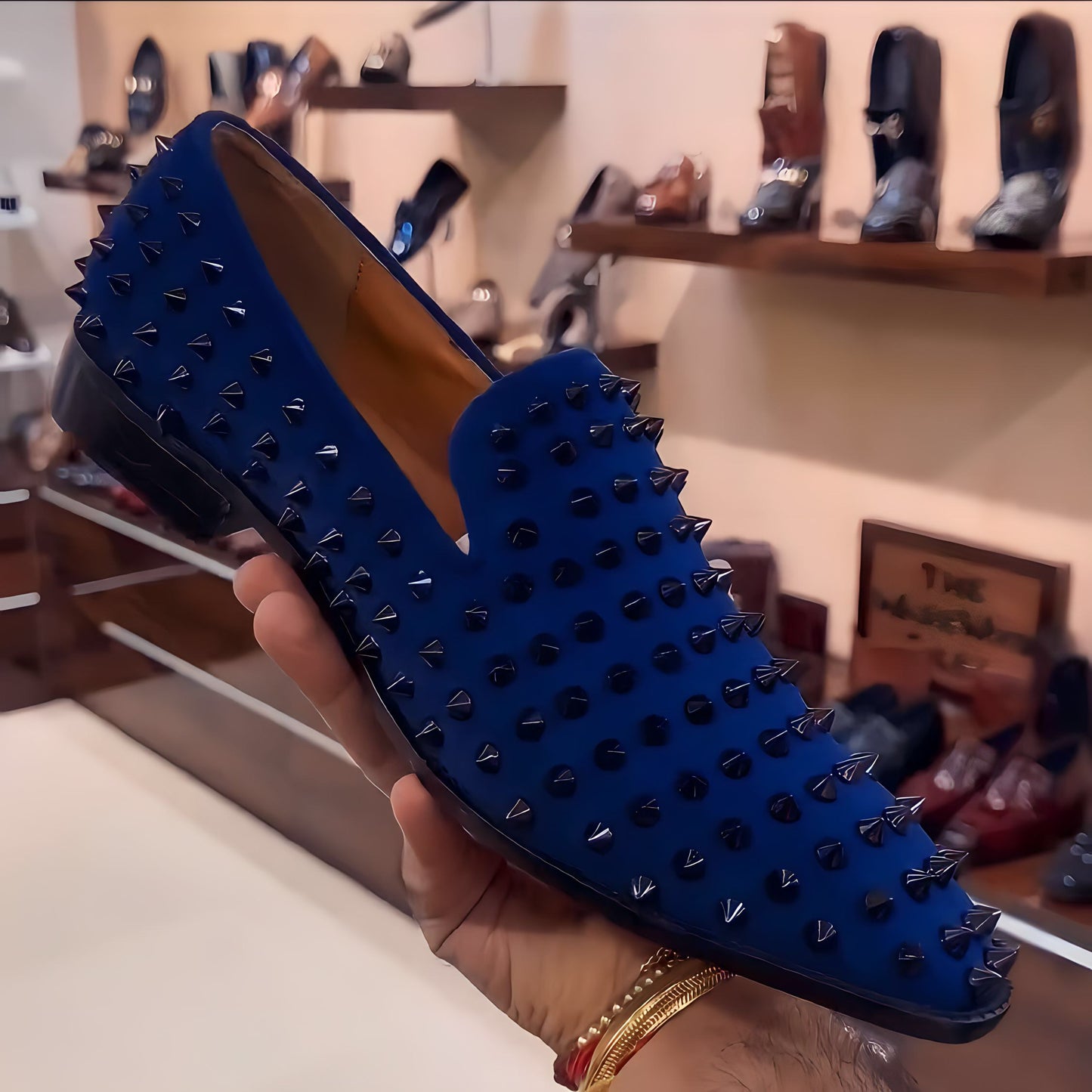 Blue Suede Studded Moccasins With Red Sole