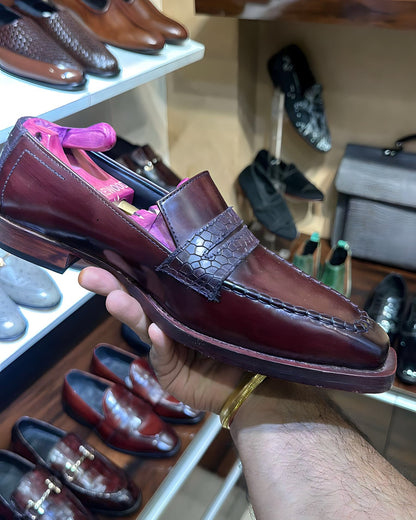 Penny Loafers in Wine Shade with Pure Handmade Leather Sole