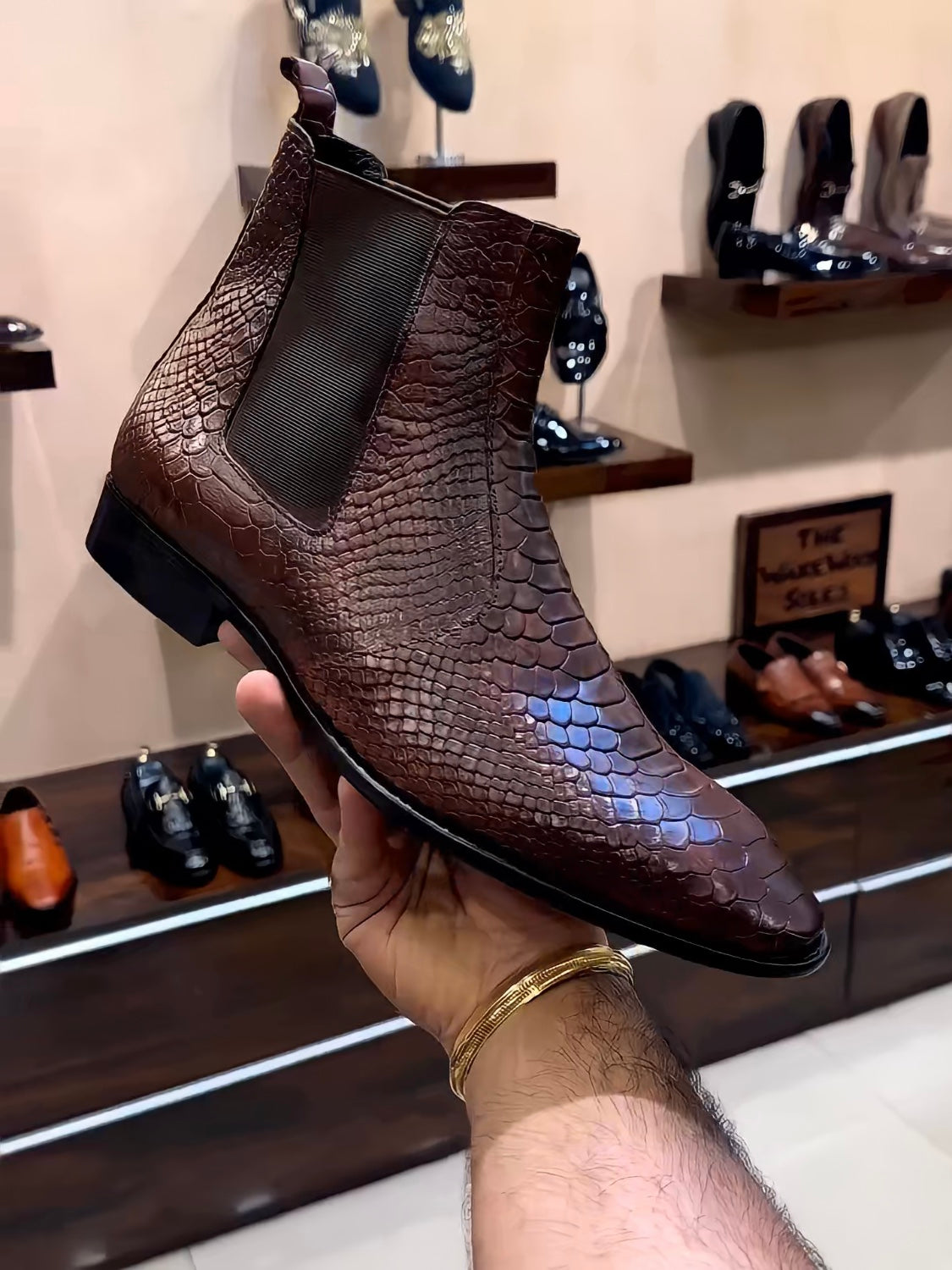 Brown Cobra Scaled Chelsea Boots