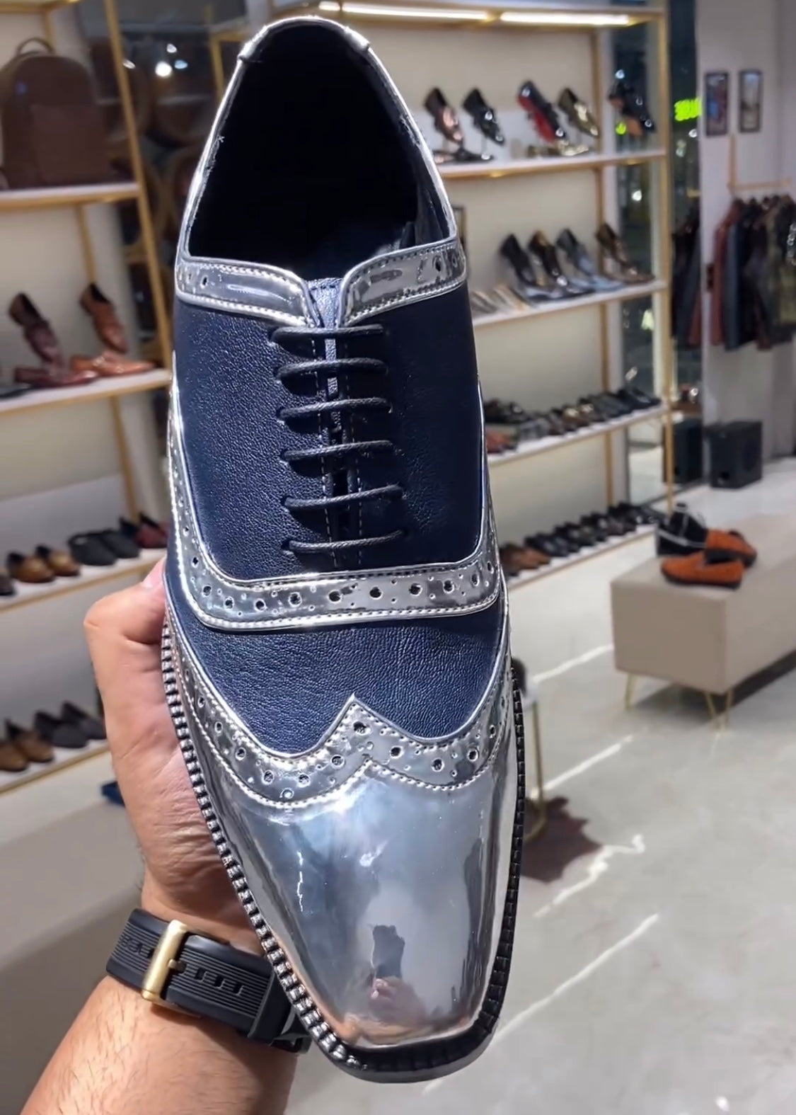 Metallic Silver & Blue Moroccan Leather Semi-brogue Oxfords