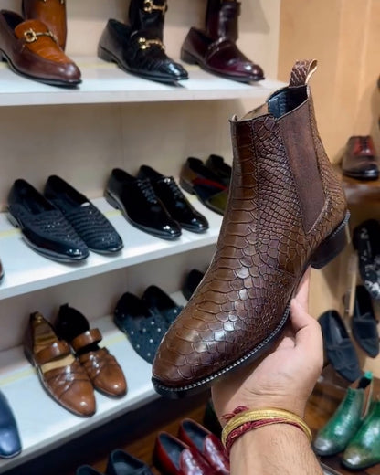 Brown Cobra Scaled Chelsea Boots