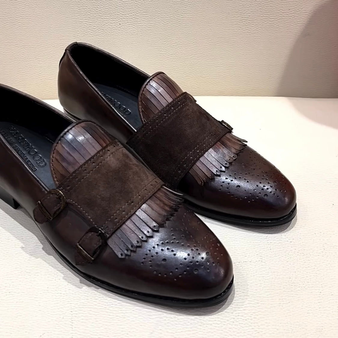 Italian Crust Leather Patina Fringe Moccasins with Suede Monk Strap