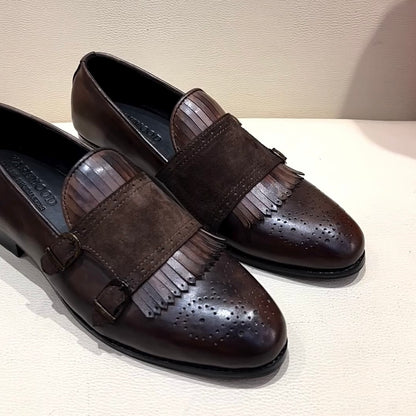 Italian Crust Leather Patina Fringe Moccasins with Suede Monk Strap