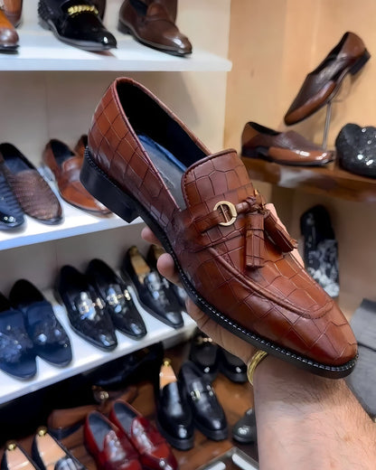 Burnished Dark Tan Crocodile Scaled Tassel Loafers