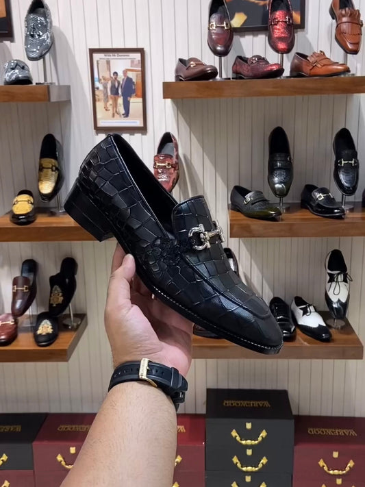 Charcoal Black Crocodile Scaled Moccasins