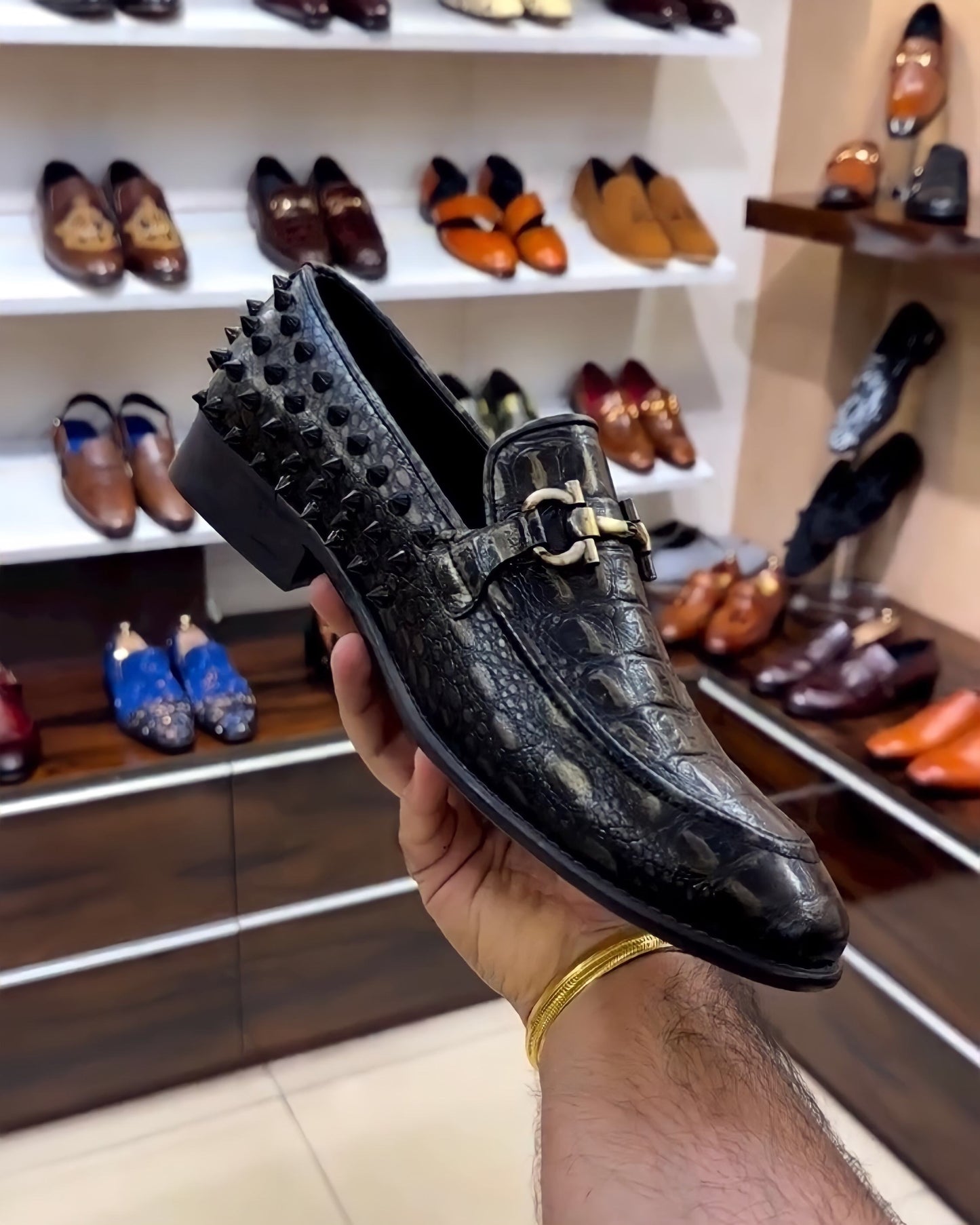 Alligator Leather Scaled Studded Moccasins