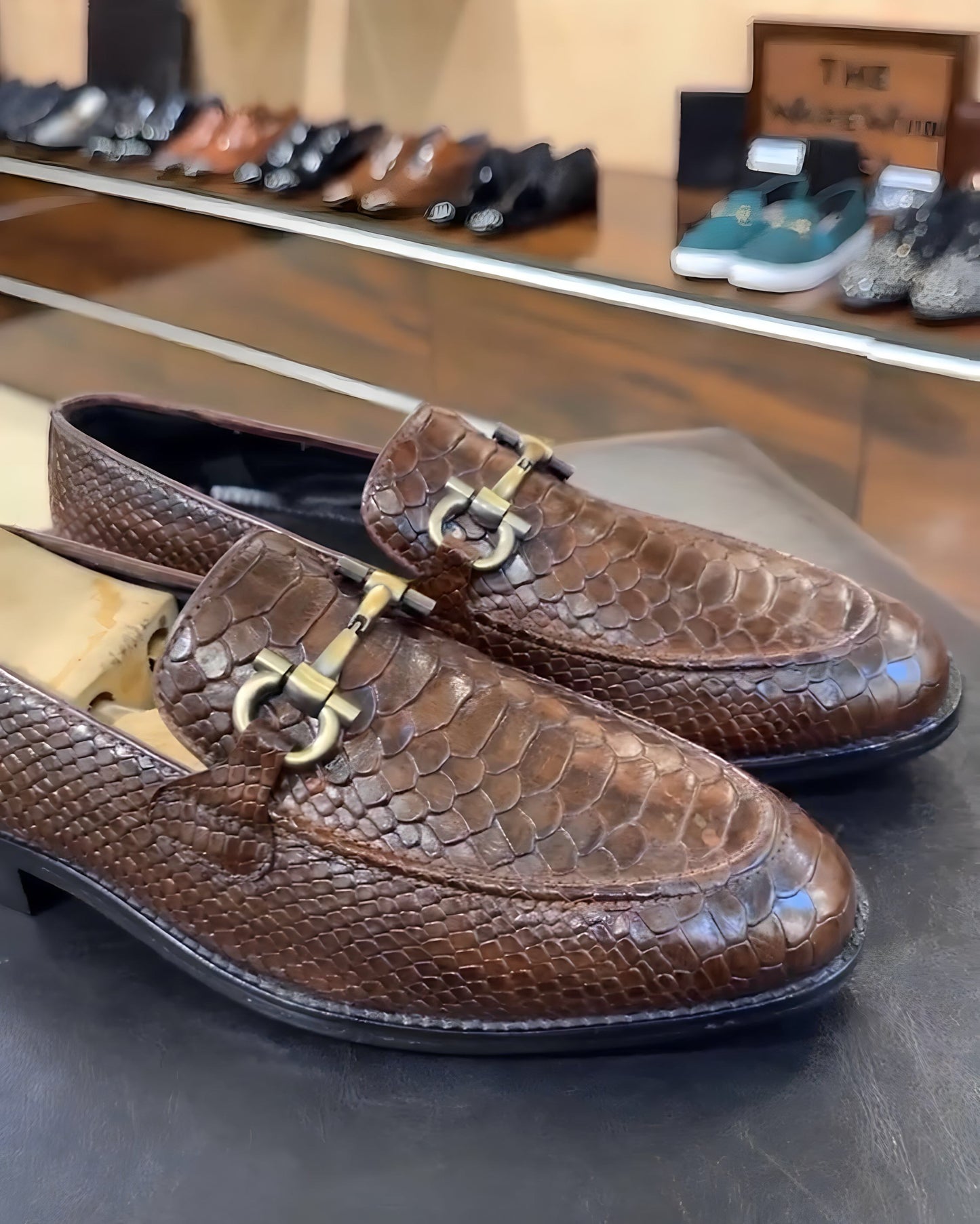 Walnut Brown Cobra Scaled Leather Moccasins