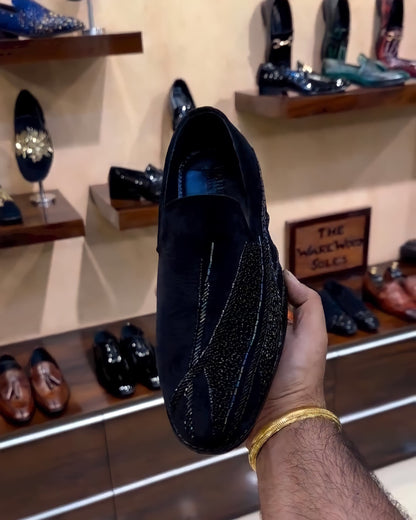 Navy Blue Hand-embroidered Suede Slip-ons