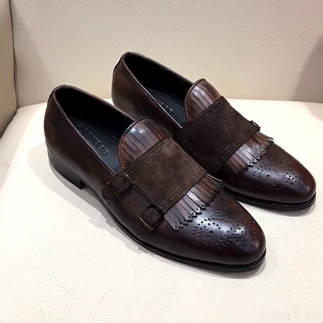 Italian Crust Leather Patina Fringe Moccasins with Suede Monk Strap