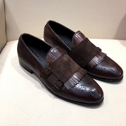 Italian Crust Leather Patina Fringe Moccasins with Suede Monk Strap