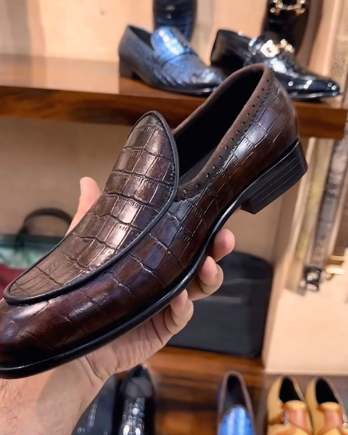 Tobacco Brown Croco Belgian Loafers