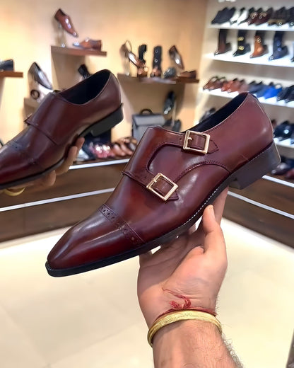 Patina Burgundy Finish Double Monk Straps