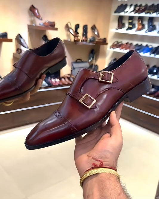 Patina Burgundy Finish Double Monk Straps